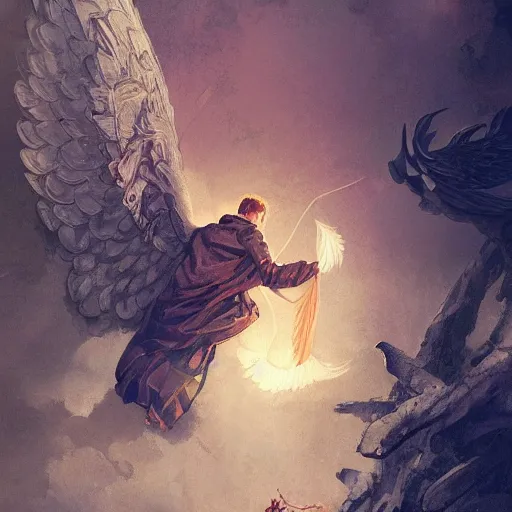 Image similar to angel protecting man, detailed intricate ink illustration, happy atmosphere, detailed illustration, hd, 4k, digital art, overdetailed art, by greg rutkowski, by loish, complementing colors, Trending on artstation, movie poster style