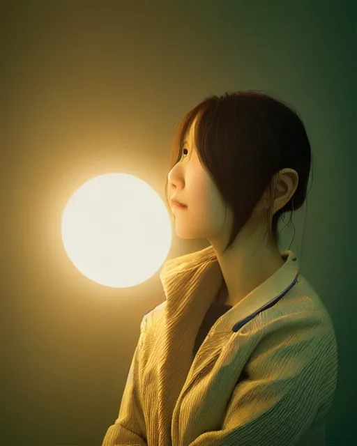 Prompt: beautiful centered photo of korean girl as a solarpunk cyborg with white mechanical parts and implanted bright halogen lamps, treading above calm water by bill henson, ultra - realistic and detailed, sun lit, white background, bokeh, soft focus, slow exposure hdr 8 k