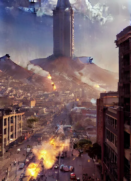 Image similar to hyper realistic robot attacking cape town city,. poster painted by light and magic by wizards of the coast norman rockwell, james gurney and greg rutkowski weta studio, and lucasfilm and best of artstation