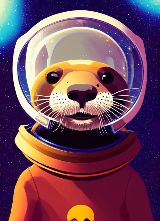 Image similar to a portrait of a cute otter with a space helmet, swimming through a beautiful galaxy!!!, detailed, artstation, art by rhads and miyazaki