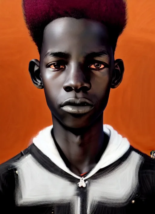 Image similar to portrait of a african teen boy with a crooked nose and a confident expression, 1 9 6 0 s, black clothes, goth, punk, brightly coloured hair, funk, intricate, elegant, highly detailed, digital painting, artstation, concept art, smooth, sharp focus, illustration, art by wlop, mars ravelo and greg rutkowski