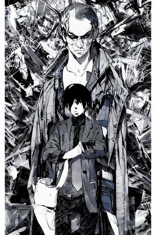 Prompt: professionally drawn seinen mature cyberpunk detective horror action manga comic cover, full color, beautifully drawn coherent professional, drawn by ilya kuvshinov!, satoshi kon, kentaro miura, dave mckean, tsutomu nihei. japanese script kanji hiragana on the cover. minimalist stylized cover art. indigo blue cel shaded