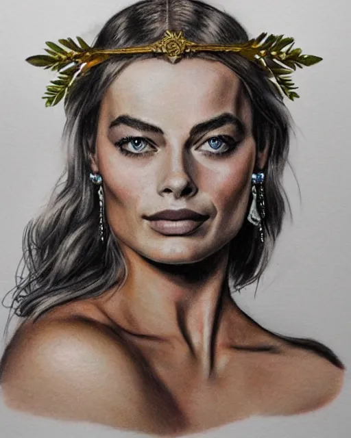 Image similar to realism tattoo sketch of margot robbie as a beautiful greek goddess aphrodite with piercing eyes wearing a laurel wreath and triangle earrings, in the style of greg rutkowski, amazing detail