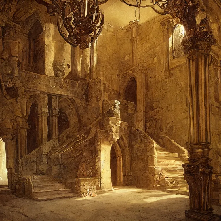 Image similar to a detailed painting of a medieval hall with statue and big staircase. fantasy poster. lord of the rings style. cinematic fantasy scene. fantasy. carl spitzweg. renaissance elements. renaissance element. oil painting. award winning. trending on artstation. 8 k