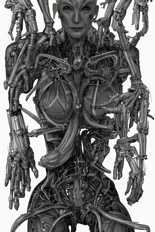 Image similar to cyborg queen with gunmetal grey skin, medical anatomy, very symmetrical face, highly detailed, mecha, three - perspective / three - view reference sheet ( front / back / side ), in the style of james gurney, dan ouellette, hr giger, sil from species, dren from splice, biomechanical, artstation, unreal engine