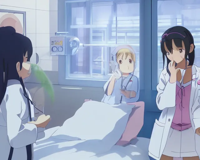 Image similar to a cute young female doctor wearing white coat are talking to a little girl in a hospital, slice of life anime, lighting, anime scenery by Makoto shinkai