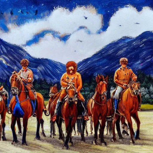 Image similar to portrait of a great plane with horsemen riding through, by Bob Ross