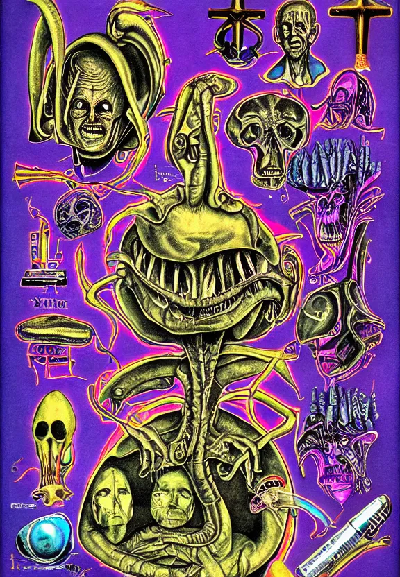 Prompt: subgenius, x - day, aliens, weird stuff, occult stuff, devil stuff, medical diagram, colorful, stained paper, hyperrealism, stage lighting