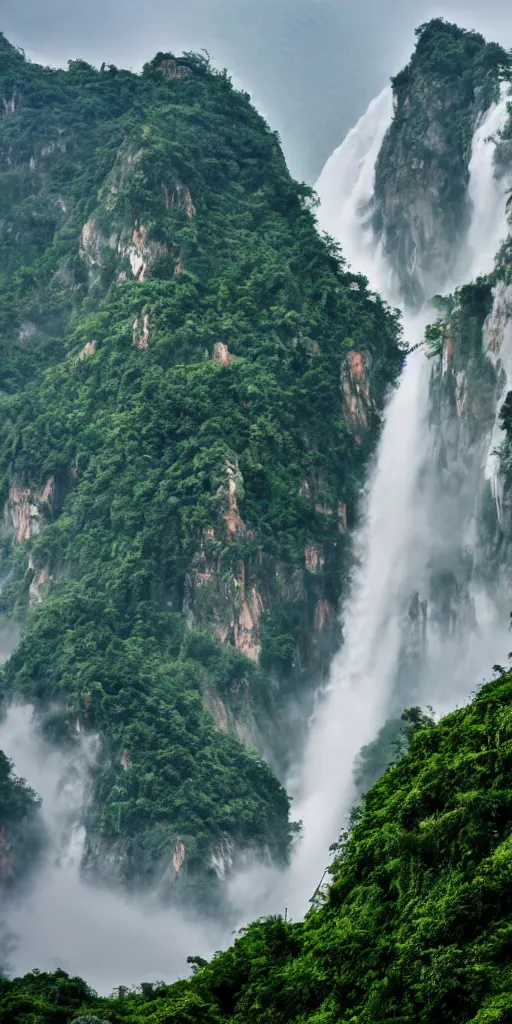 Prompt: Cloudy peak in southern China with a waterfall, the style of National Geographic magazine