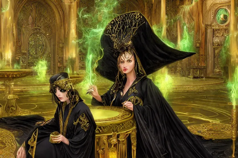 Prompt: a beautiful sorceress wearing a black robe with gold embroidery, sitting at table, casting a spell, green glows, painted by donato giancola and artgerm and tom bagshaw, in the style of magic the gathering, highly detailed digital art