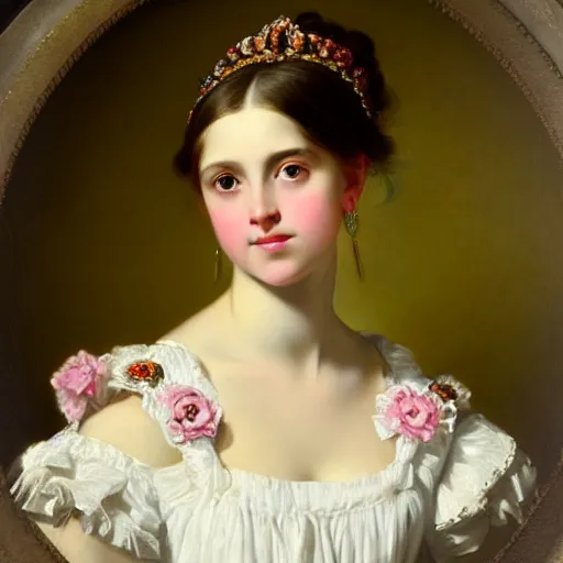 Image similar to portrait of a german teenage princess, circa 1 8 5 0 by franz xaver winterhalter, highly detailed, beautiful, oil on canvas, 1 8 5 0 s, romanticism