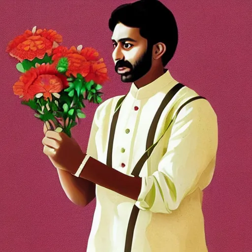 Prompt: indian guy holding flowers, looking nostalgic, in love, in a dapper kurta, very beautiful artwork by Wes Anderson