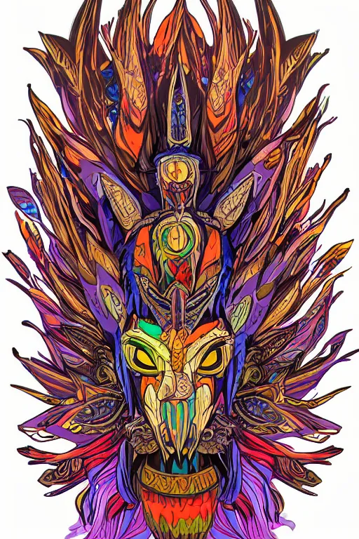 Image similar to animal mask totem roots flower tribal feather gemstone plant wood rock shaman vodoo video game vector cutout illustration vivid multicolor borderlands comics by josan gonzales and dan mumford radiating a glowing aura