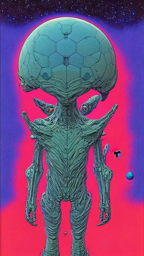 Image similar to ( ( ( ( a humanoid creature on other planets that appear intelligent. ) ) ) ) by mœbius!!!!!!!!!!!!!!!!!!!!!!!!!!!, overdetailed art, colorful, artistic record jacket design