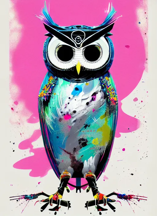 Image similar to arrogant elegant medium shot of white one - eyes owl dressed in samurai garment, pixiv fanbox, dramatic lighting, maximalist pastel color palette, splatter paint, pixar and disney exploded - view drawing, graphic novel by fiona staples and dustin nguyen, peter elson, alan bean, wangechi mutu, clean cel shaded vector art, trending on artstation