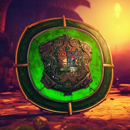 Image similar to green medieval shield, powerful fantasy epic legends, game icon stylized, digital illustration radiating, a glowing aura, global illumination, ray tracing, 8 k high definition, intricate details, octane render, unreal engine, trending on arstation