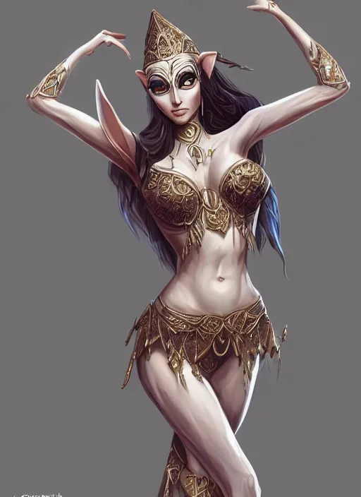 Image similar to a highly detailed illustration of a masked elegant elf arabian dancer, gracefully belly dancing pose, waving both arms, slim model body, intricate, elegant, highly detailed, centered, digital painting, artstation, concept art, smooth, sharp focus, league of legends concept art, WLOP