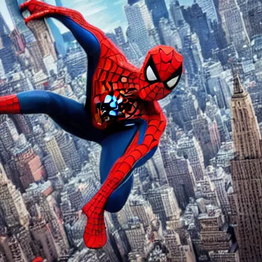 Image similar to spider-man swinging through new york, 4k realistic photo