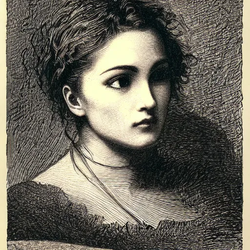 Prompt: extreme close-up, portrait of a young french woman from modern days, Gustave Dore lithography