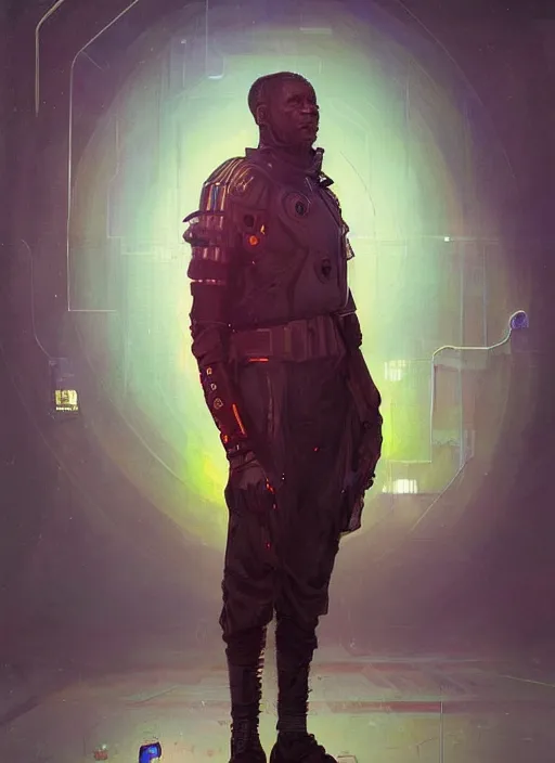 Prompt: a full body sci - fi portrait, oil painting, illustration of an old african jedi, techwear, colourful, glowing lights!! by justin sweet and greg rutkowski and alphones much