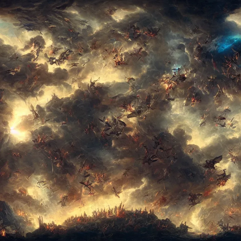 Image similar to hundreds of rebel angels falling from heaven as meterorites, epic lighting, disaster clouds, michael bay, john martin, apocalyptic