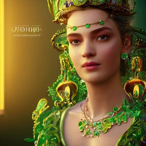 Image similar to photograph of wonderful princess with smooth fair skin, green jewelry, breathtaking, elegant, ornate, intricate, hyper detailed, accent lighting, dramatic light, 4 k octane render