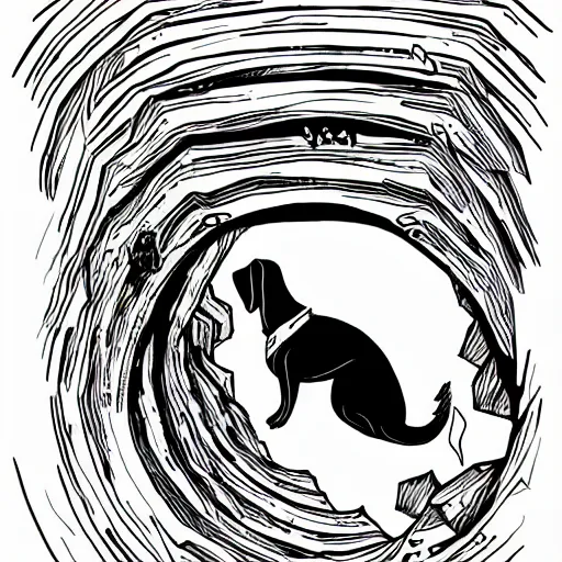 Prompt: colorful mcbess illustration of a dachshund jumping into a portal to another world