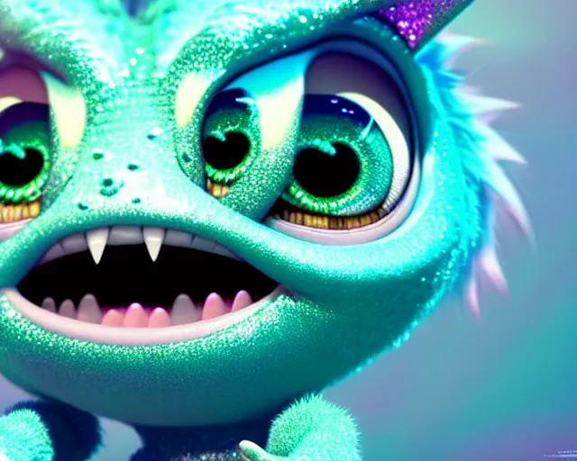 Prompt: a cute cute baby dragon, big eyes, soft fur texture, pastel colours, colorful, shiny glitter crystals, cute, adorable, pixar animation style, detailed, soft light, octane render, cute, 4 k,