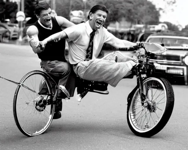 Image similar to 3 5 mm photograph of vince mcmahon pulling a wheelie on a monkey bike