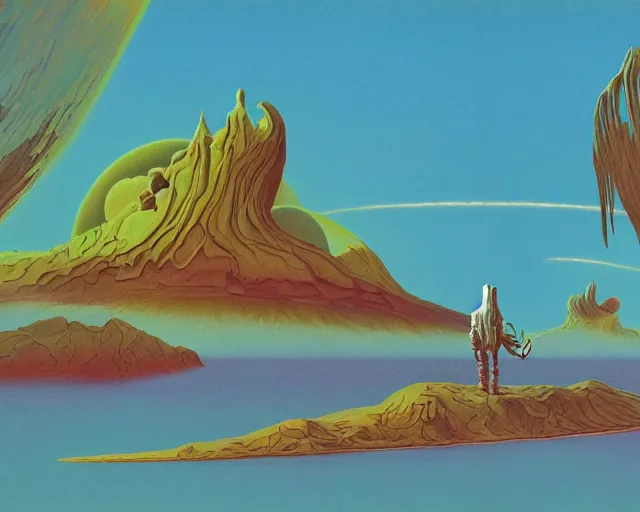 Image similar to roger dean 1 9 8 0 s art of distant mountains strange bizarre alien planet surface lakes reflective clear blue water, rainbow in sky, imagery, illustration art, album art