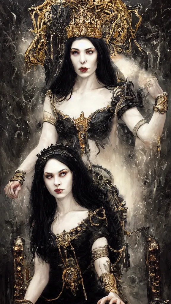 Image similar to a beautiful black haired woman with pale skin and a crown on her head sitted on an intricate metal throne, intimidating woman, large black eyes, high forehead, smooth pale skin, ethereal skin, ominous, eldritch. oil painting by nuri iyem, james gurney, james jean, greg rutkowski, highly detailed, soft lighting, chiaroscuro