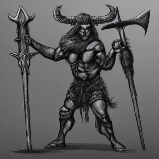 Prompt: a noble, fierce Minotaur warrior with black fur, carrying a battleaxe, fantasy drawing, concept design