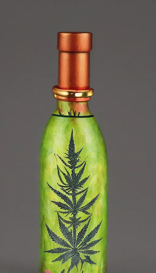 Prompt: vertical bottle with weed inside covered in gift lent symmetric art