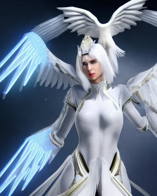 Prompt: perfect white haired attractive egyptian goddess with huge white dove wings, warframe armor, beautiful, symmetric, charlize theron, half asian, pretty face, blue eyes, android, scifi platform, laboratory, experiment, 4 k, ultra realistic, epic lighting, android body, illuminated, cinematic, masterpiece, art by akihito tsukushi, voidstar