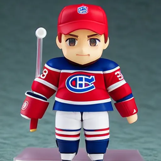 Image similar to high quality portrait flat matte painting of cute Nendoroid figurine of Patrick Roy Goaltender, in the style of nendoroid and manga NARUTO, number 33 on jersey, Patrick Roy Goaltender, An anime Nendoroid of Patrick Roy, hall of fame goalie Patrick Roy!!!, number 33!!!!!, Montreal Habs Canadiens figurine, detailed product photo, flat anime style, thick painting, medium close-up