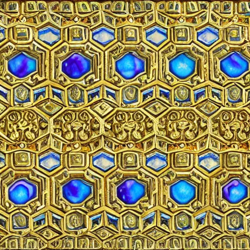 Image similar to an psychedelic intricately carved marble set with gold flourishes and diamonds of various colors in the form of hexagons against a blue ornate background
