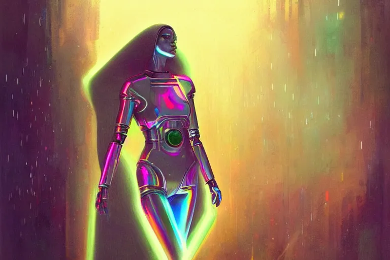 Prompt: patron saint of 👽 🌈👩🏾, futuristic clothing, woman and robot, rain, neon god of city character portrait, in the style of moebius, tom bagshaw, and waterhouse, cinematic lighting, beautiful, elegant, oil painting,