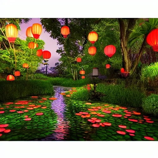 Image similar to photorealistic beautiful lotus blossom forest at dusk with paper lanterns illuminating a cobblestone pathway. hyperdetailed photorealism, 1 0 8 megapixels, koi pond, amazing depth, glowing rich colors, powerful imagery, psychedelic overtones, 3 d finalrender, 3 d shading, cinematic lighting, artstation concept art