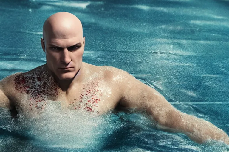 Image similar to hyperrealistic film still of hitman swimming in a pool of slushie at 7 1 1 stunning 3 d render, inspired by istvan sandorfi & greg rutkowski & unreal engine, perfect facial symmetry, dim volumetric cinematic lighting, 8 k octane comprehensive render, extremely hyper - detailed, incredibly lifelike attributes, intricate, real flesh texture, masterpiece, artstation, stunning,