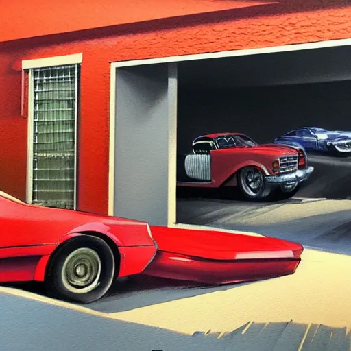 Image similar to detailed details photorealistic pictures of car garage in the style of bob peak and alex ross, gouache and wash paints color, detailed details facial and body and human and environments and proportionate, detailed 5 k details.