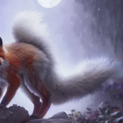 Image similar to close-up anthropomorphic fluffy fox, night, moonlight, mist, unreal engine, octane render, dramatic lighting, digital art, by Stanley Artgerm Lau, greg rutkowski, thomas kindkade, alphonse mucha, loish, norman Rockwell,