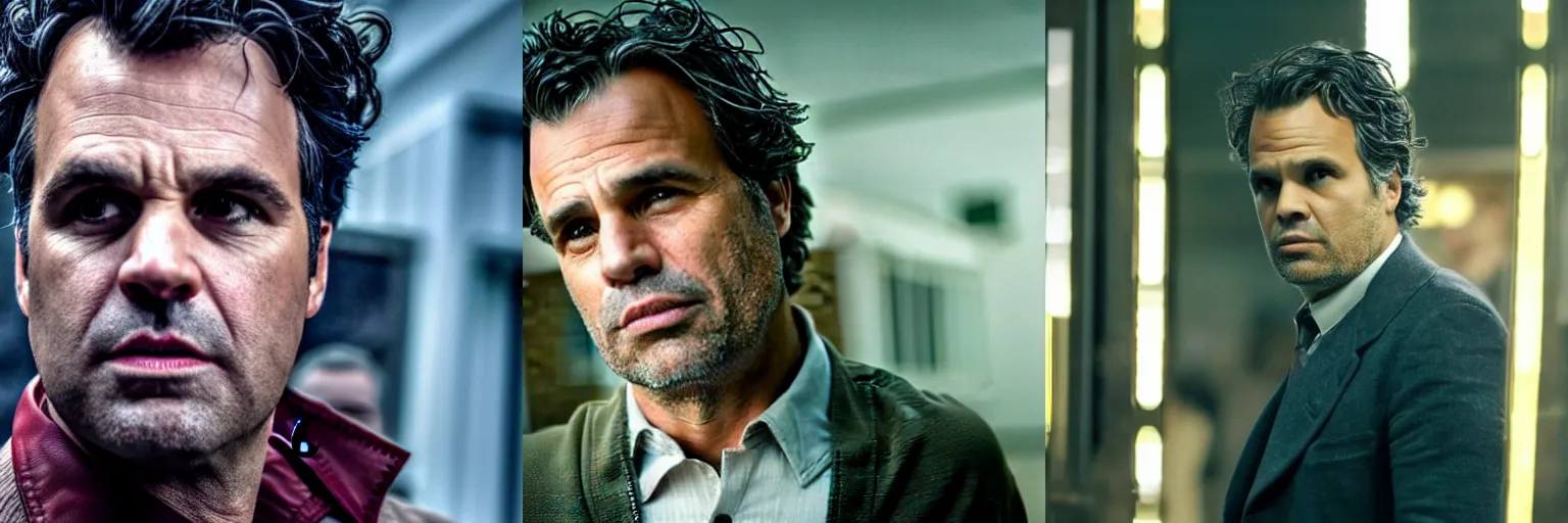 Prompt: close-up of Mark Ruffalo as a detective in a movie directed by Christopher Nolan, movie still frame, promotional image, imax 70 mm footage