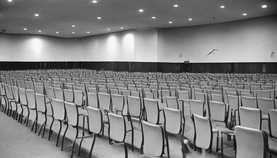 Prompt: 60s movie still of a sovietic stalinist style empty ballroom with chairs and soviet flags, cinestill 800t 50mm eastmancolor, liminal Space style, heavy grain-s 150