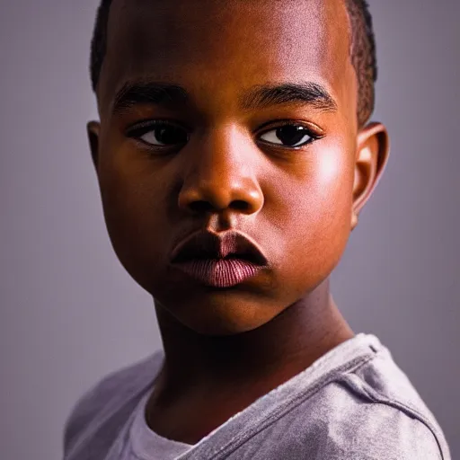 Image similar to the face of young kanye west at 1 2 years old, portrait by julia cameron, chiaroscuro lighting, shallow depth of field, 8 0 mm, f 1. 8