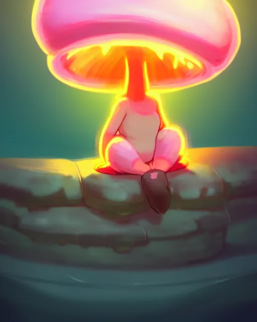 Prompt: concept art for a cute thicc mushroom creature, anime style, golden hour, lens flare, pastel pink glow, sitting on the beach | | epic - fine - clean, polished, trending on artstation, brush strokes