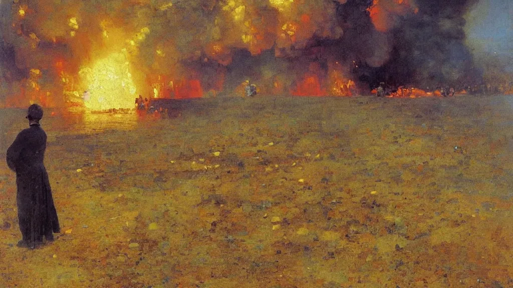 Image similar to high quality high detail painting by ilya repin, man standing in front of huge explosion, epic composition, hd
