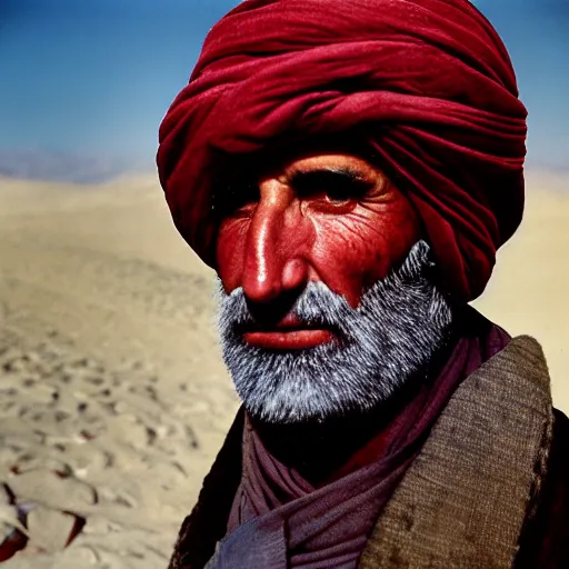 Prompt: portrait of president william henry harrison as afghan man, green eyes and red scarf looking intently, photograph by steve mccurry