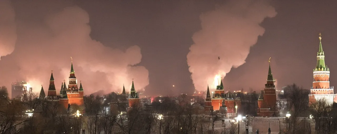 Prompt: Moscow Kremlin is on fire, people are panicking, dark atmosphere. Photography.