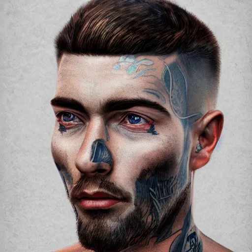 Image similar to a detailed full body portrait of a face tattoed man, digital concept art illustration, incredibly detailed and realistic, 8 k, sharp focus