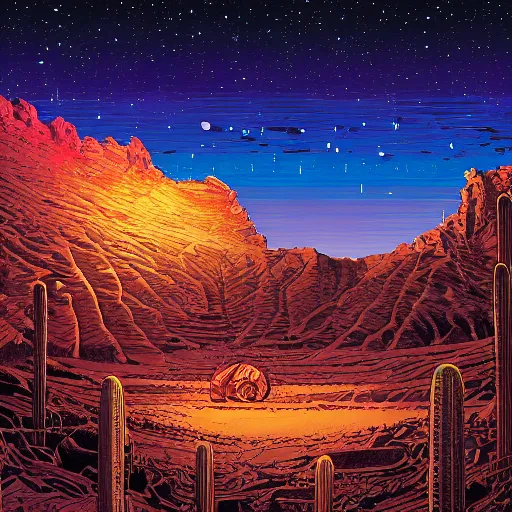 Prompt: mysterious desert at night, by dan mumford and sandra chevrier, 4 k